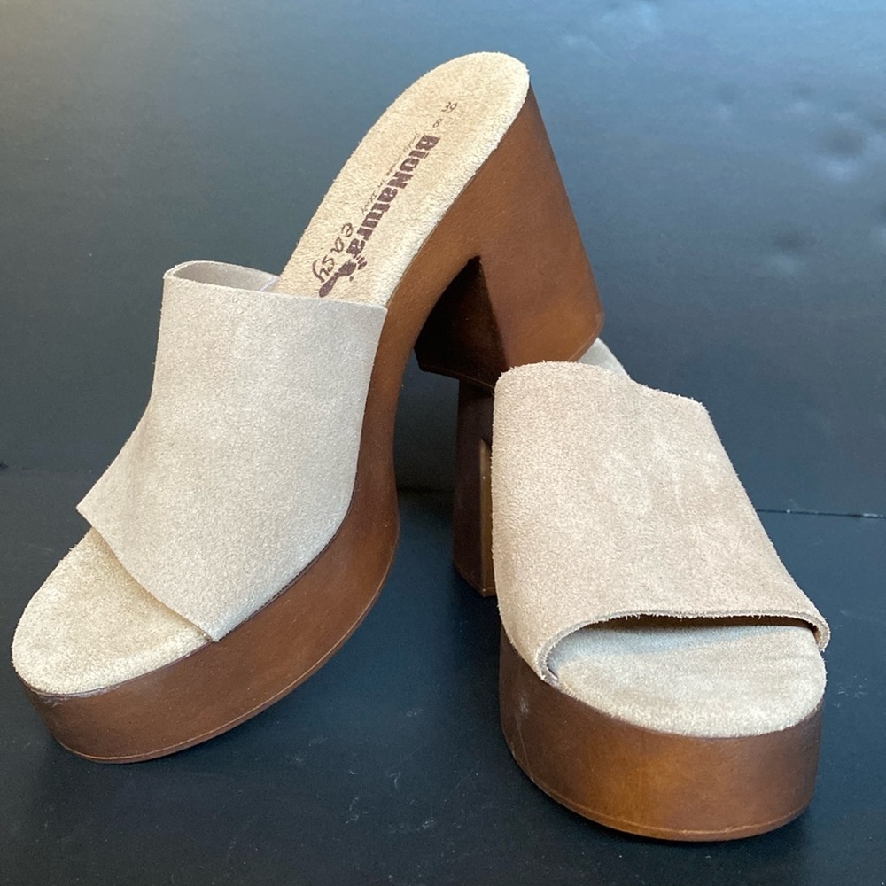 NWT BIONATURA Made In Italy Leather Suede Platform Clog Sandals Heels Tan 8 39
